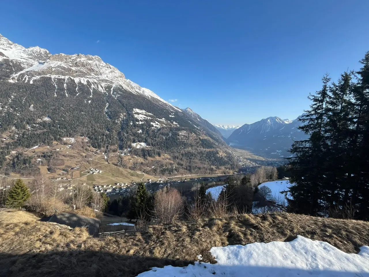 The Bernina valley descending toward the Italian side — villages and forest-covered slopes seen from the train