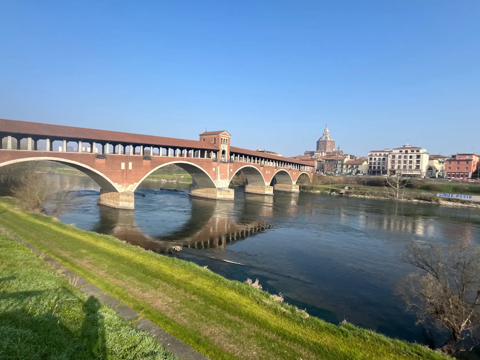 Ponte Coperto, the covered bridge over the Ticino river in Pavia, Italy