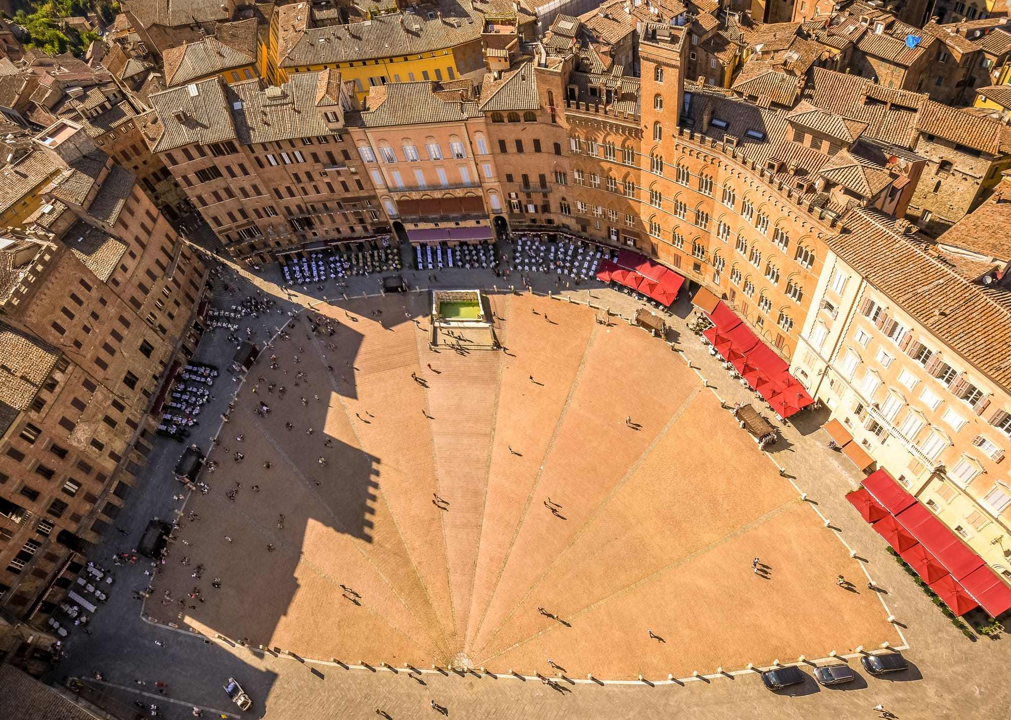 The Piazza del Campo in Siena from above — the nine segments of the shell-shaped square radiating from the Fonte Gaia fountain.