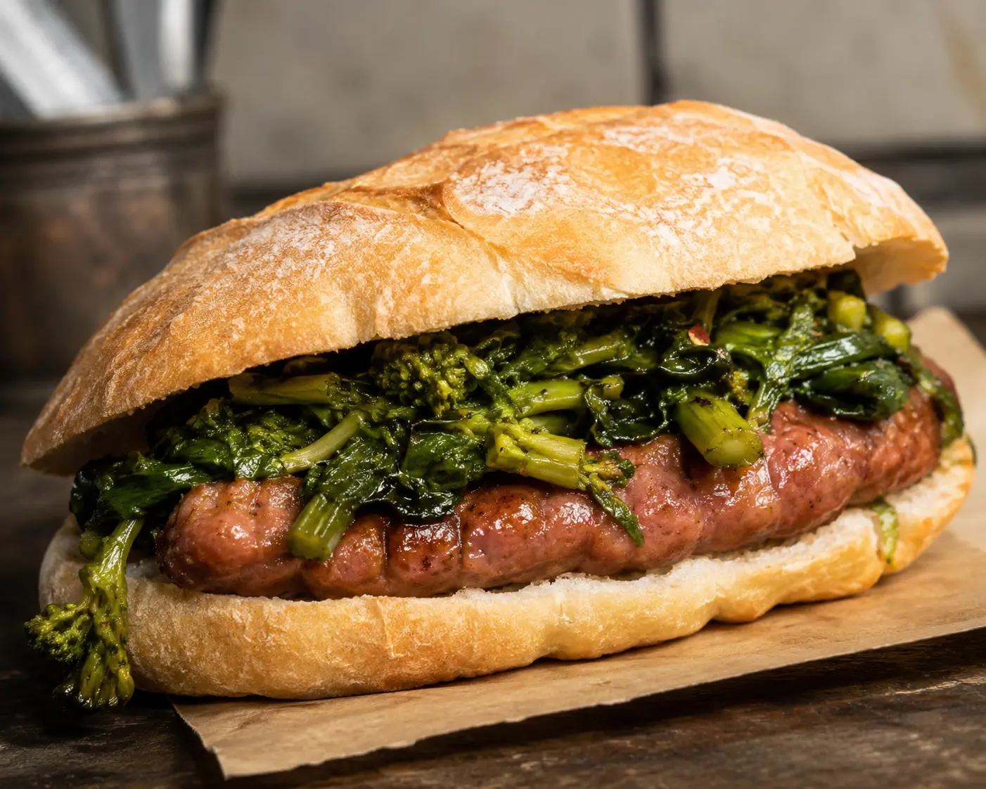 Friarielli and sausage in a panino