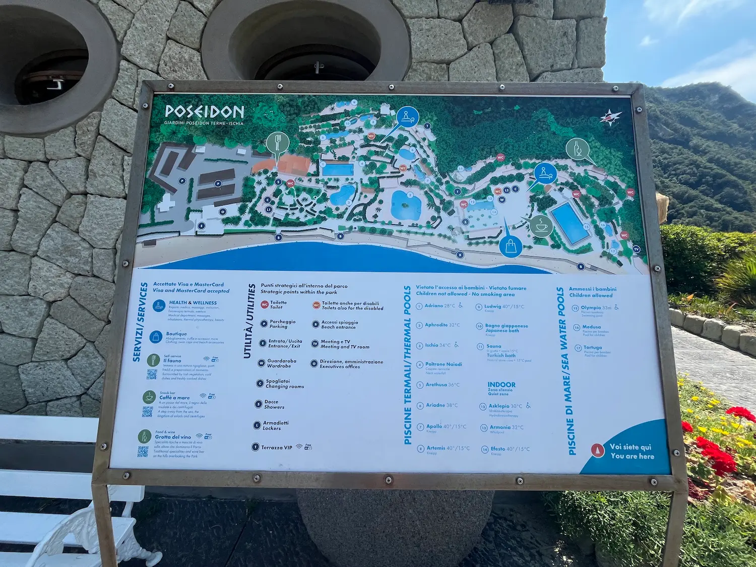 Poseidon Terme thermal pools, Forio, Ischia — volcanic thermal waters at different temperatures surrounded by Mediterranean vegetation