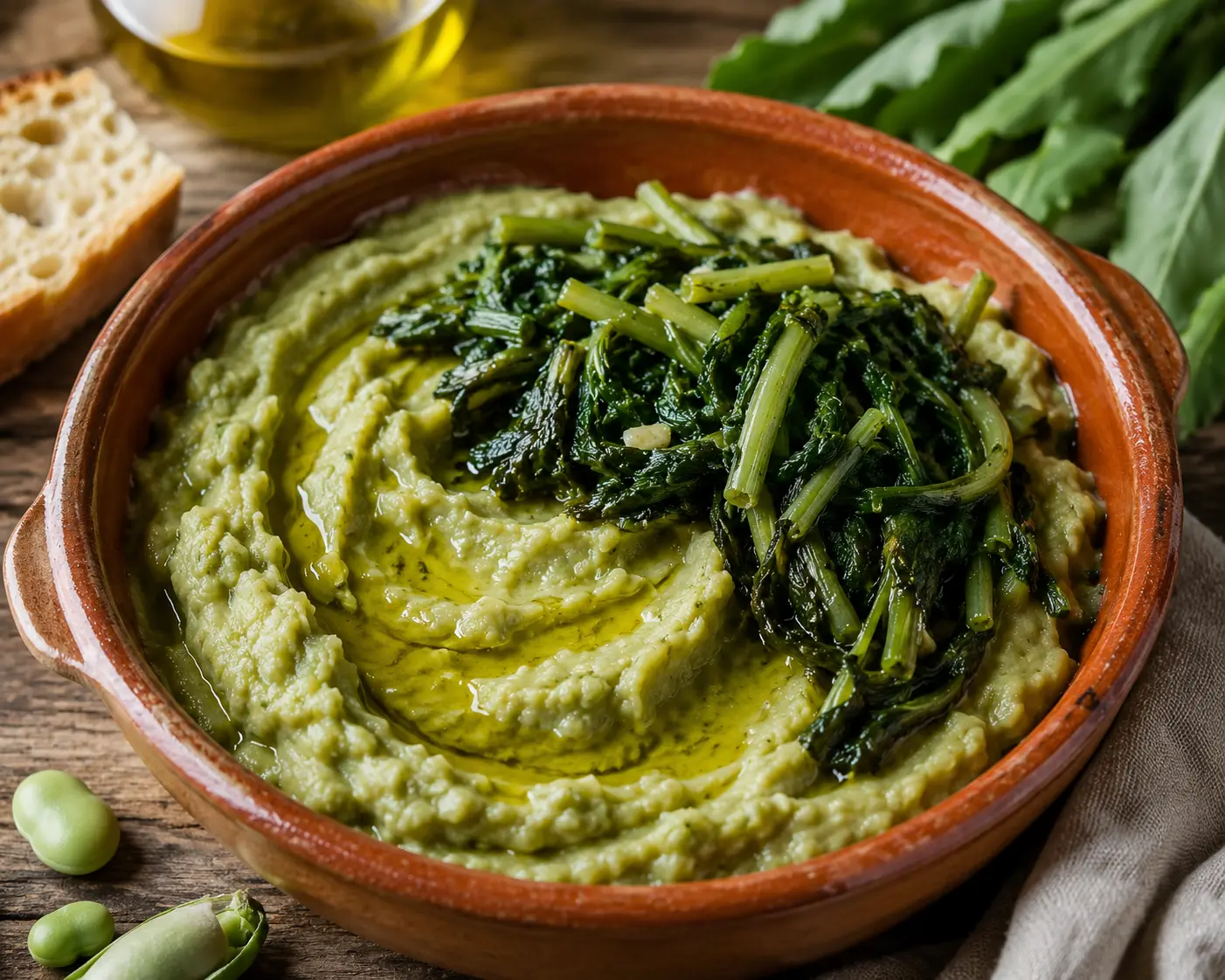 Fave e cicoria - dried broad beans pureed and served with braised wild chicory