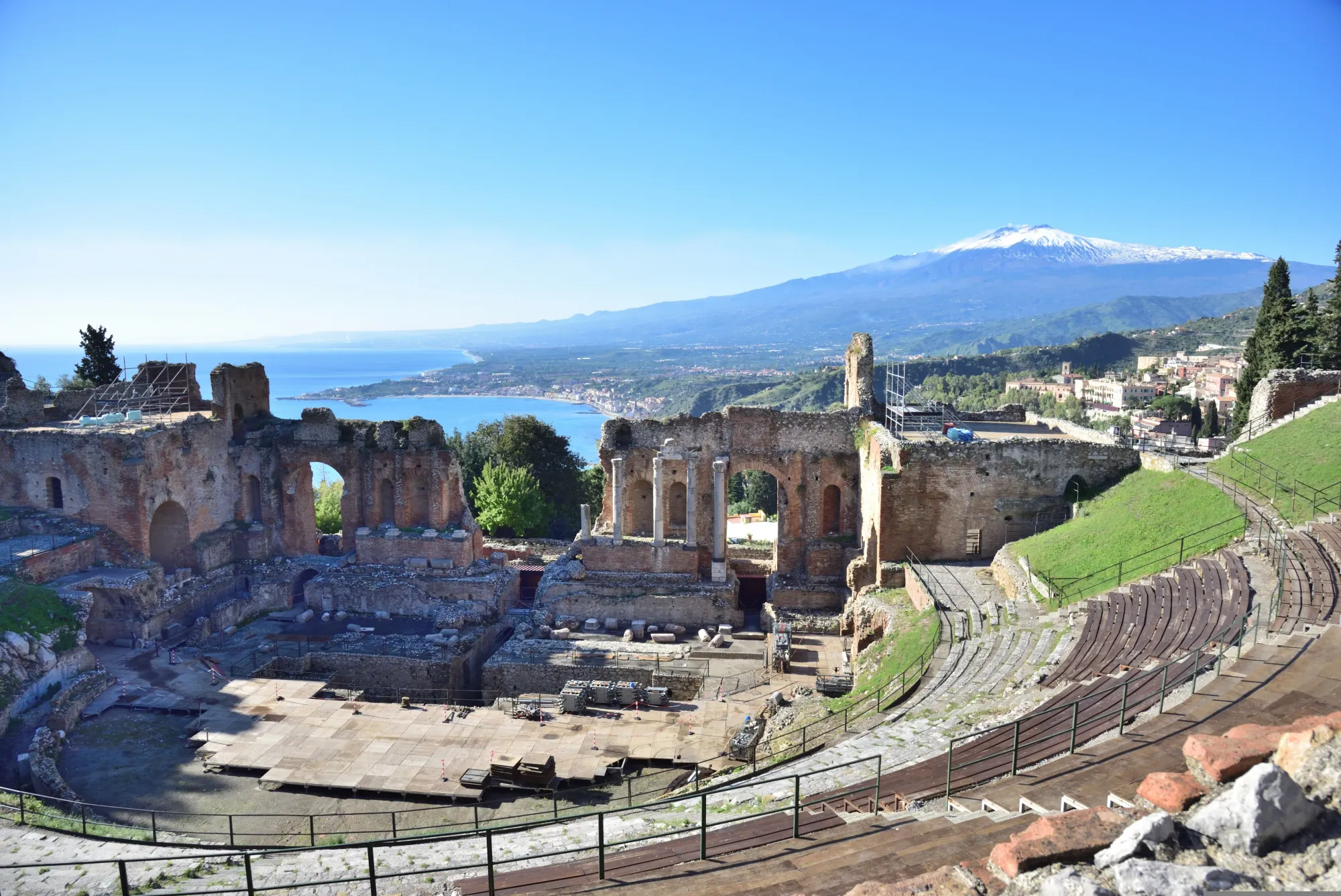 Taormina's ancient theatre (Teatro Antico) with Etna in the background. The defining view of Taormina.
